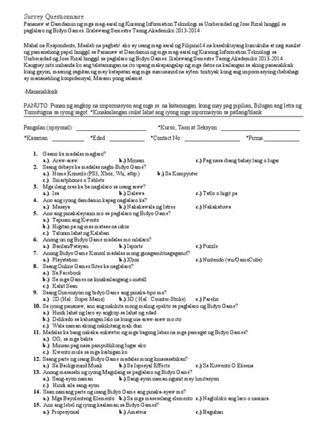 halimbawa ng survey questionnaire